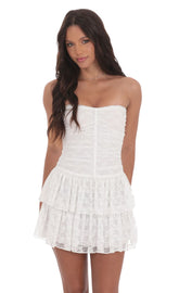 Lace Strapless Ruched Ruffle Dress in White