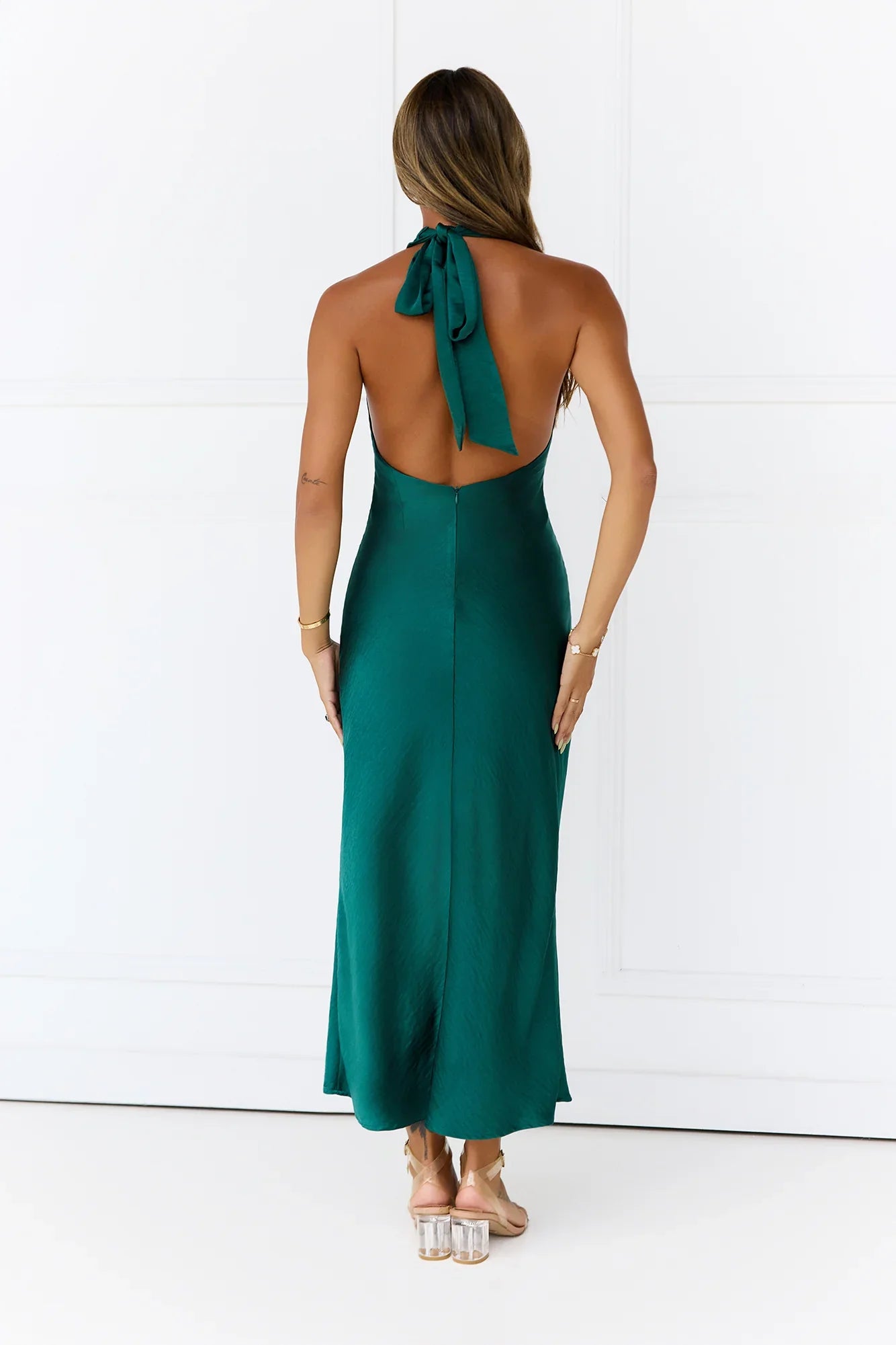 Twilight Glow Satin Halter Midi Dress Green